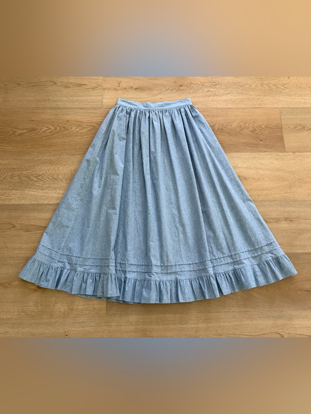 Laura Ashley Vintage 90s Prairie Skirt 26 Waist Ruffle Denim Blue
